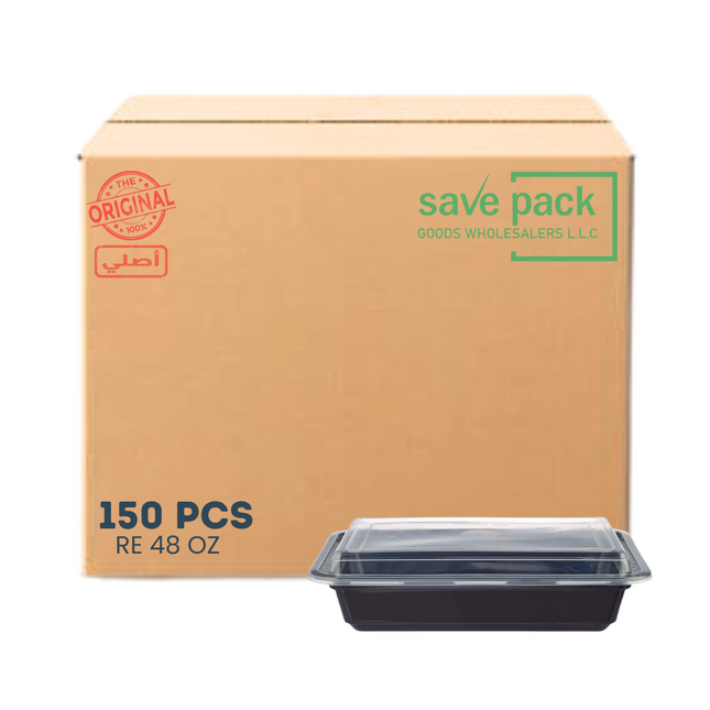 RE-48 حاوية قابلة للاستخدام في الميكروويف بقاعدة وغطاء أسود - 150 قطعة