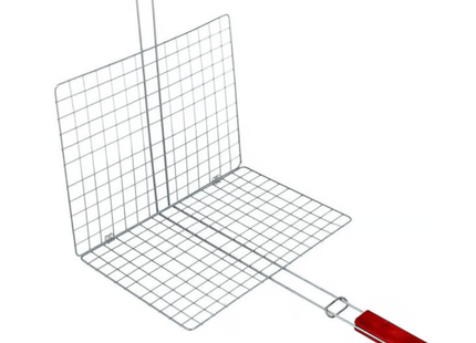 شواية باربيكيو من الحديد المطلي بالكروم، بمقبض خشبي، شواية باربيكيو محمولة قابلة للطي، 35 سم × 21 سم