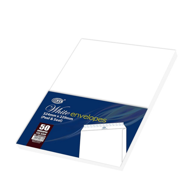 FIS White Envelopes Peel & Seal,  C4 (324 X 229 mm), 100 GSM - 50 Pieces