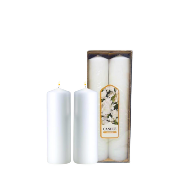 candles- two white tall candles jasmine parfumed