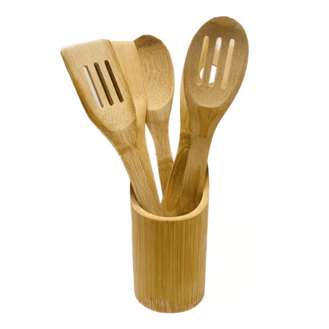 Bamboo 4 Piece Utensil Set with Holder - Brown