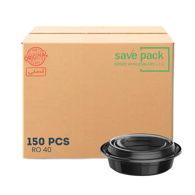 حاوية RO-40 قابلة للاستخدام في الميكروويف بقاعدة وغطاء أسود - كرتون
