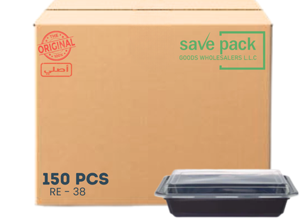 RE-38 حاوية قابلة للاستخدام في الميكروويف بقاعدة وغطاء أسود - 150 قطعة