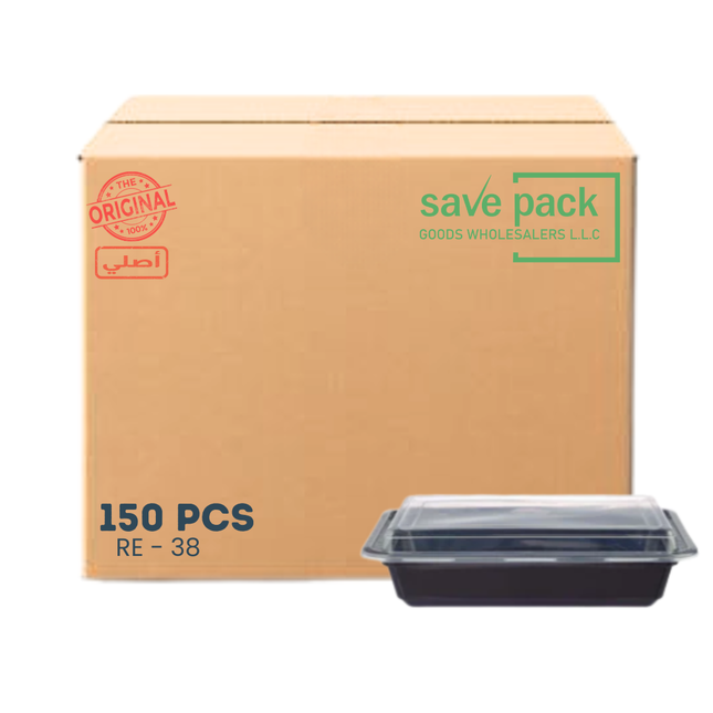 RE-38 حاوية قابلة للاستخدام في الميكروويف بقاعدة وغطاء أسود - 150 قطعة