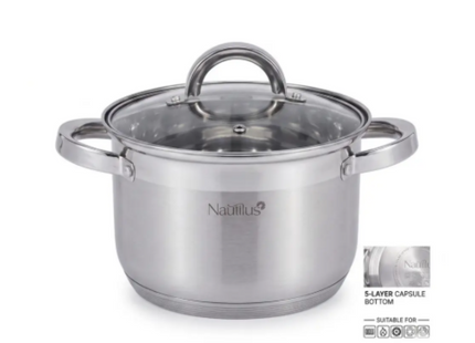 Stainless Steel Casserole with Glass Lid, Silver, 20 x 12.5 cm