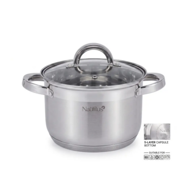 Stainless Steel Casserole with Glass Lid, Silver, 20 x 12.5 cm