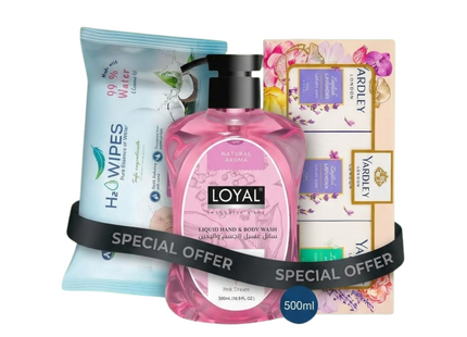 H2 Wipes 60pcs + Loyal Hand & Body Wash 500ml + Yardley Soap 3×100g
