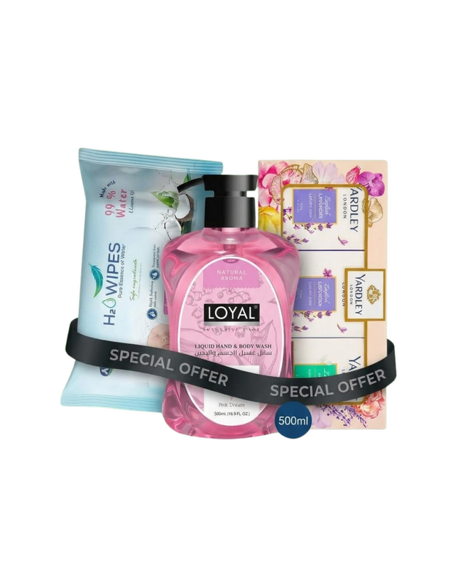 H2 Wipes 60pcs + Loyal Hand & Body Wash 500ml + Yardley Soap 3×100g