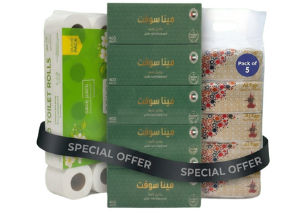 Save Pack Toilet Rolls 10 Rolls + Al Fajr Facial Tissues 5 Boxes + Mina Soft Facial Tissues 5 Boxes