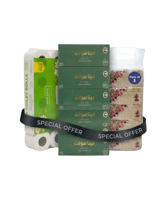 Save Pack Toilet Rolls 10 Rolls + Al Fajr Facial Tissues 5 Boxes + Mina Soft Facial Tissues 5 Boxes