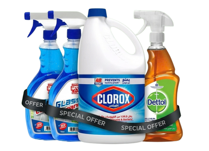 Clorox Bleach 3.78L + Roaya Glass Cleaner 750ml × 2 + Dettol Original 500ml