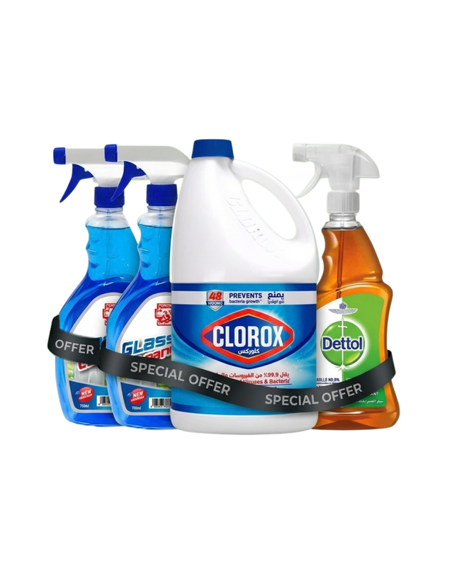 Clorox Bleach 3.78L + Roaya Glass Cleaner 750ml × 2 + Dettol Original 500ml