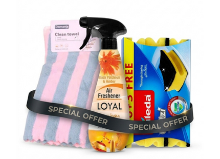 Cleaning Essentials Combo – Microfiber Towels, Air Freshener & Sponge Scourers