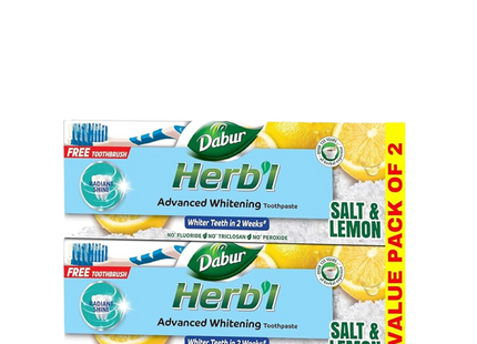 2 x 150g Dabur Herbal Salt & Lemon Whitening Toothpaste No Fluoride +Toothbrush