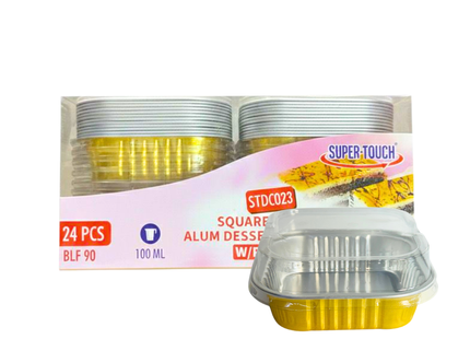 STDC23 Square Golden Alum Dessert Container + Pet Lid 100 ml - 24 Pcs