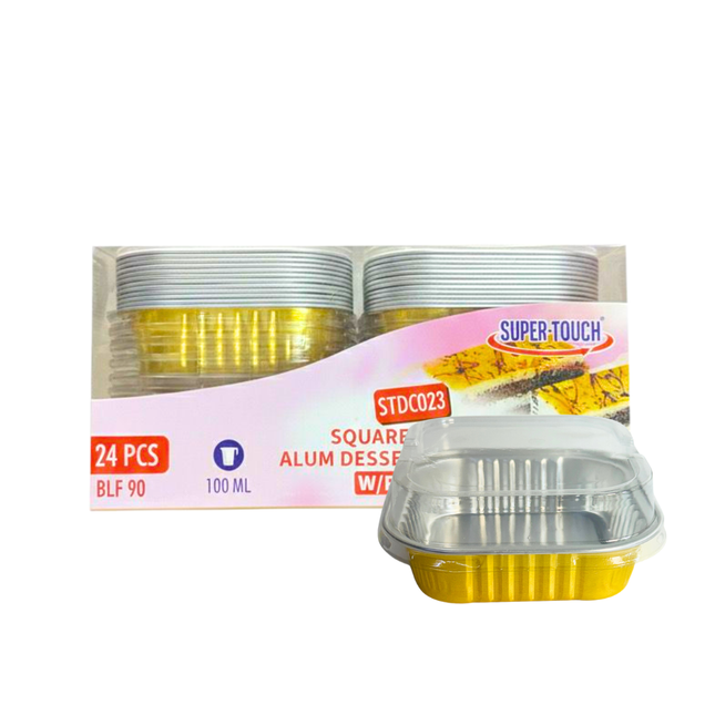 STDC23 Square Golden Alum Dessert Container + Pet Lid 100 ml - 24 Pcs