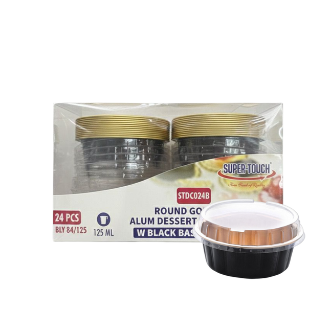 ST-Golden Alum Dessert Container Round Black Base + Pet Lids 125 ml - 24 Pcs