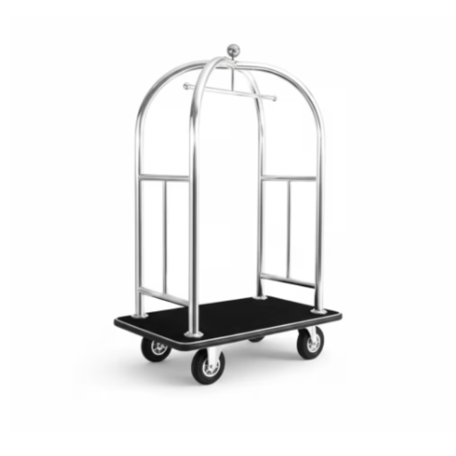 Hotel Lobby Stainless Steel Trolley Luggage Cart Silver with Black Carpet, High Quality Anti-Fingerprints, Hotel luggage trolley