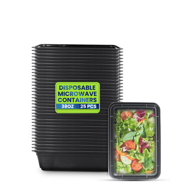 RE-38 حاوية قابلة للاستخدام في الميكروويف بقاعدة وغطاء أسود - عبوة