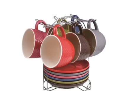 Tea cup Set 13Pc Stoneware Set  6Pc , 1Pc Chrome Stand