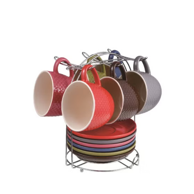 Tea cup Set 13Pc Stoneware Set  6Pc , 1Pc Chrome Stand